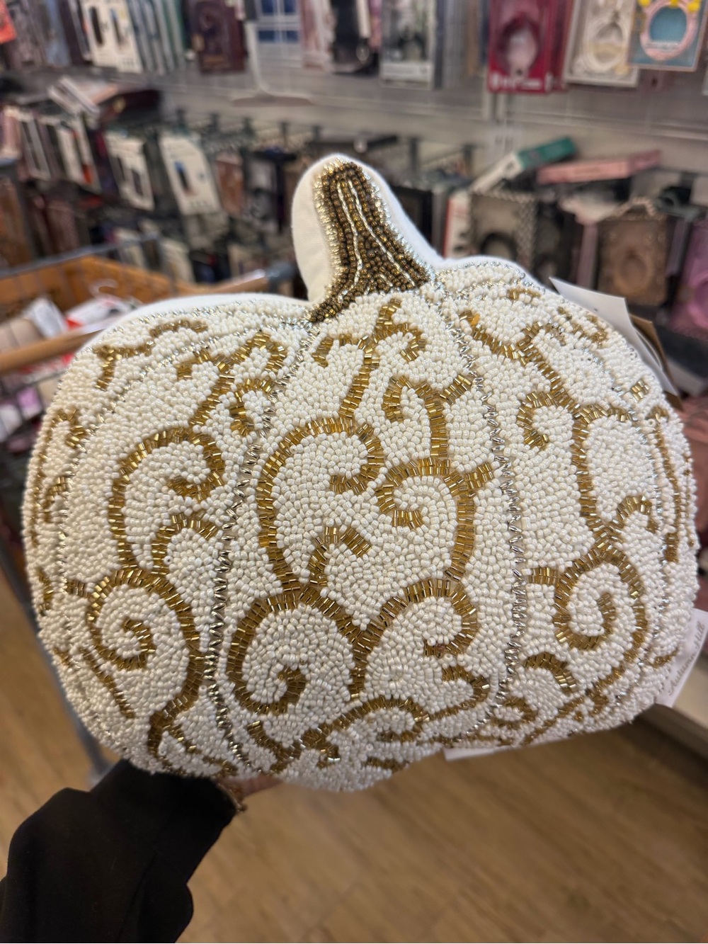 White & Gold Beaded Decorative Pumpkin -